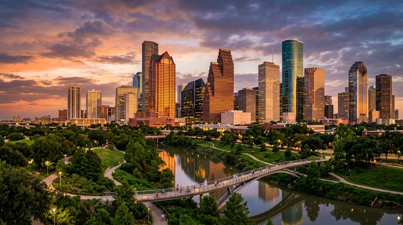 Panoramic photograph of Downtown Houston skyline at twilight over Buffalo Bayou